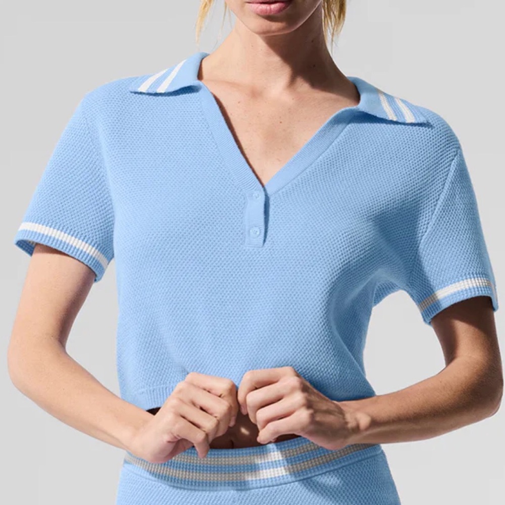 Alo Yoga Tennis Club Sweater Knit Cropped Polo Seashell Blue/White XS